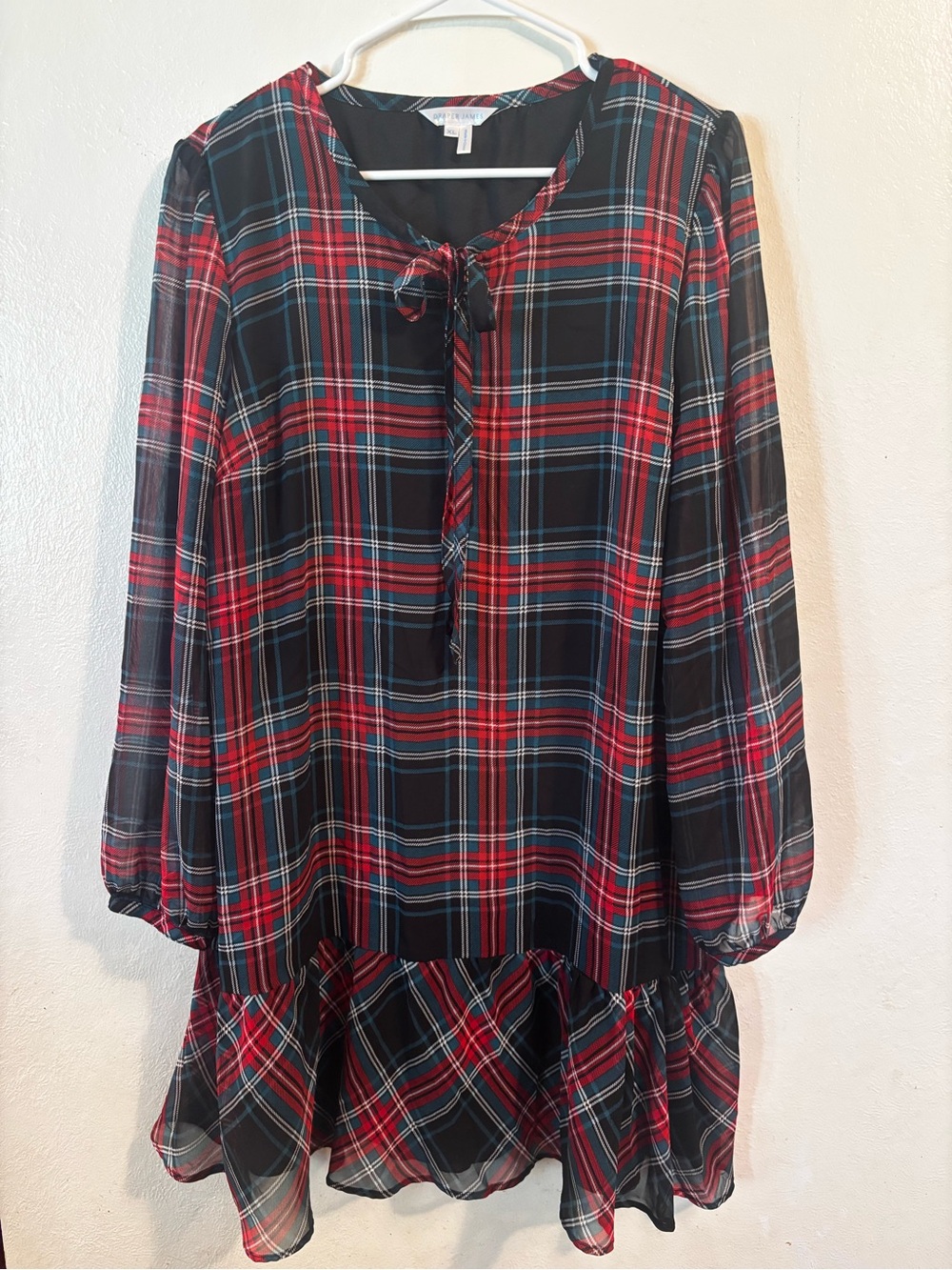 Draper James Black Blouse with Red & Black Plaid Trim